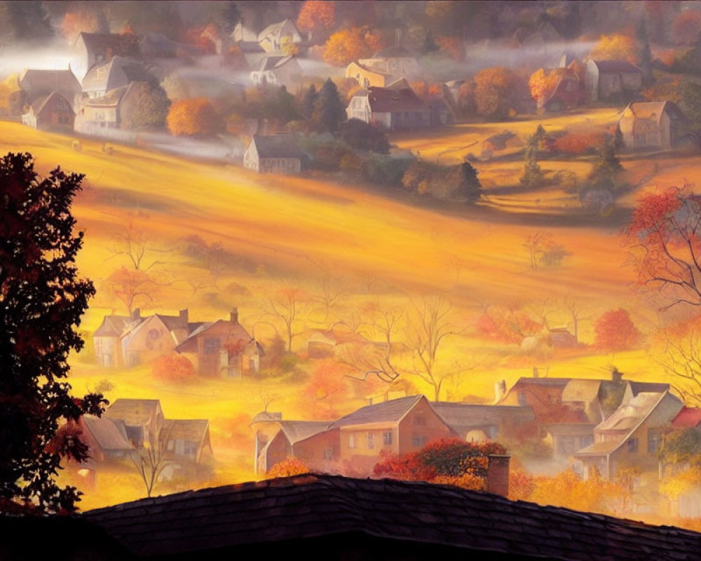 Village nestled among vibrant autumn trees