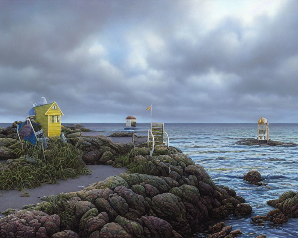 Surreal coastal landscape with oversized chairs and household items by rocky shoreline