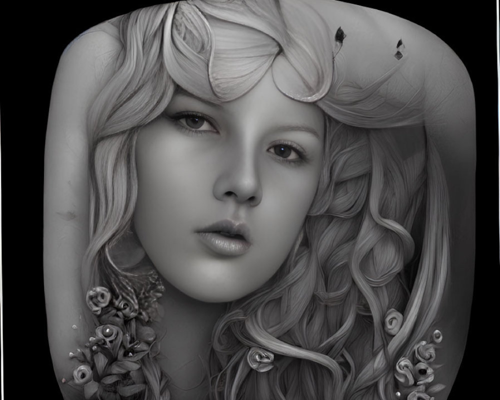 Monochrome digital portrait of young woman with flowing hair and floral adornments