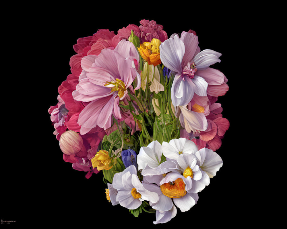 Colorful Mixed Flower Bouquet on Black Background