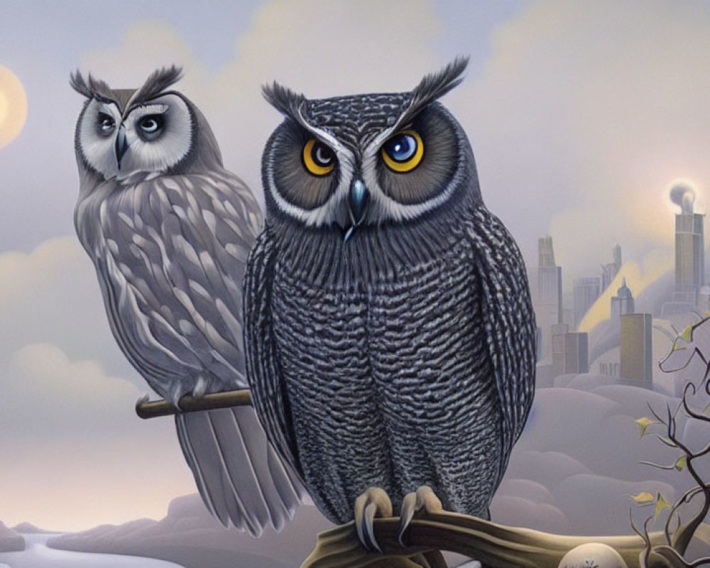 Illustrated owls on branch with twilight cityscape and orange eyes