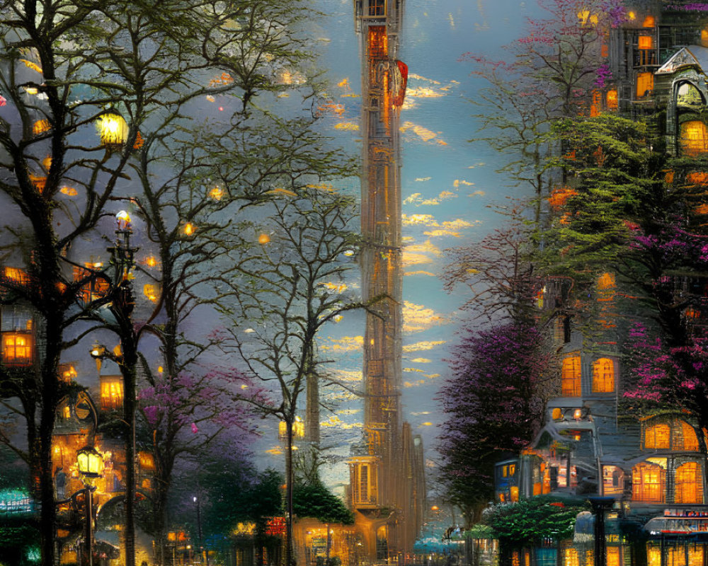 City streetscape at dusk with wet pavements, glowing street lamps, clock tower, and passing red