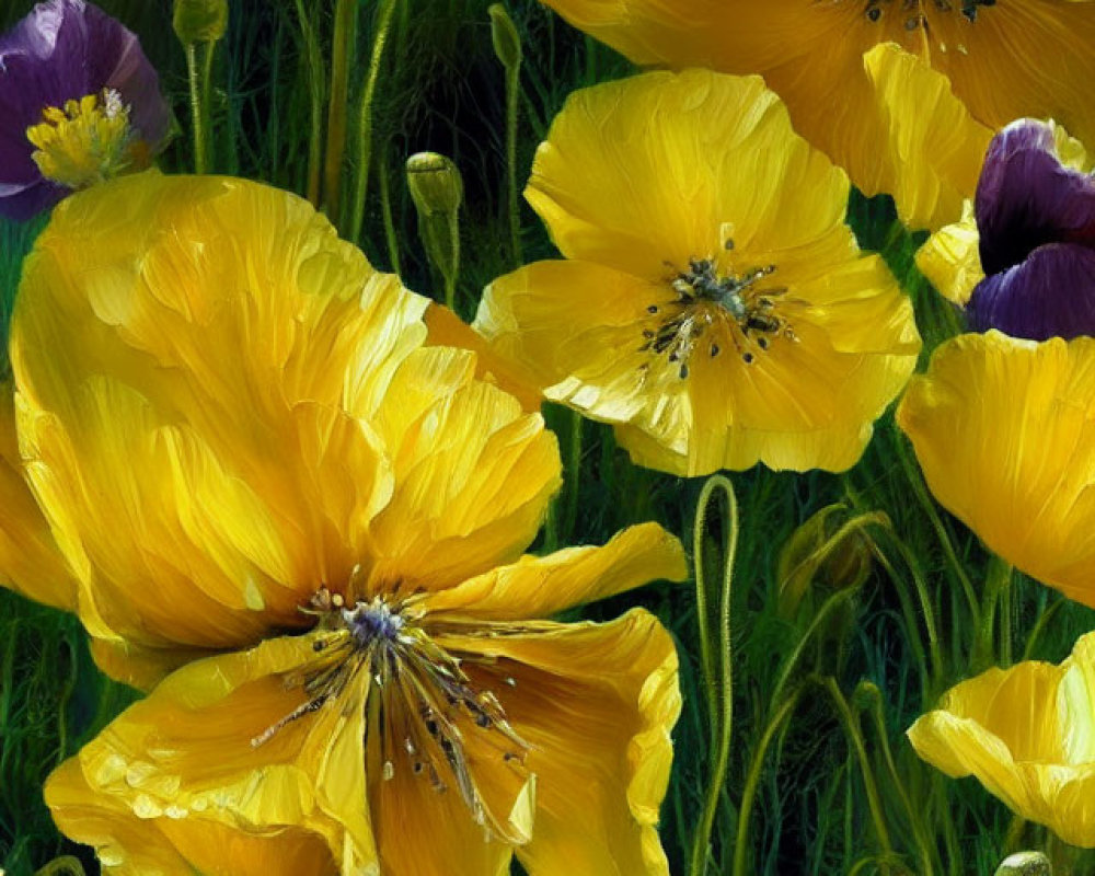 Colorful Yellow and Purple Poppies in Greenery with Dewdrops