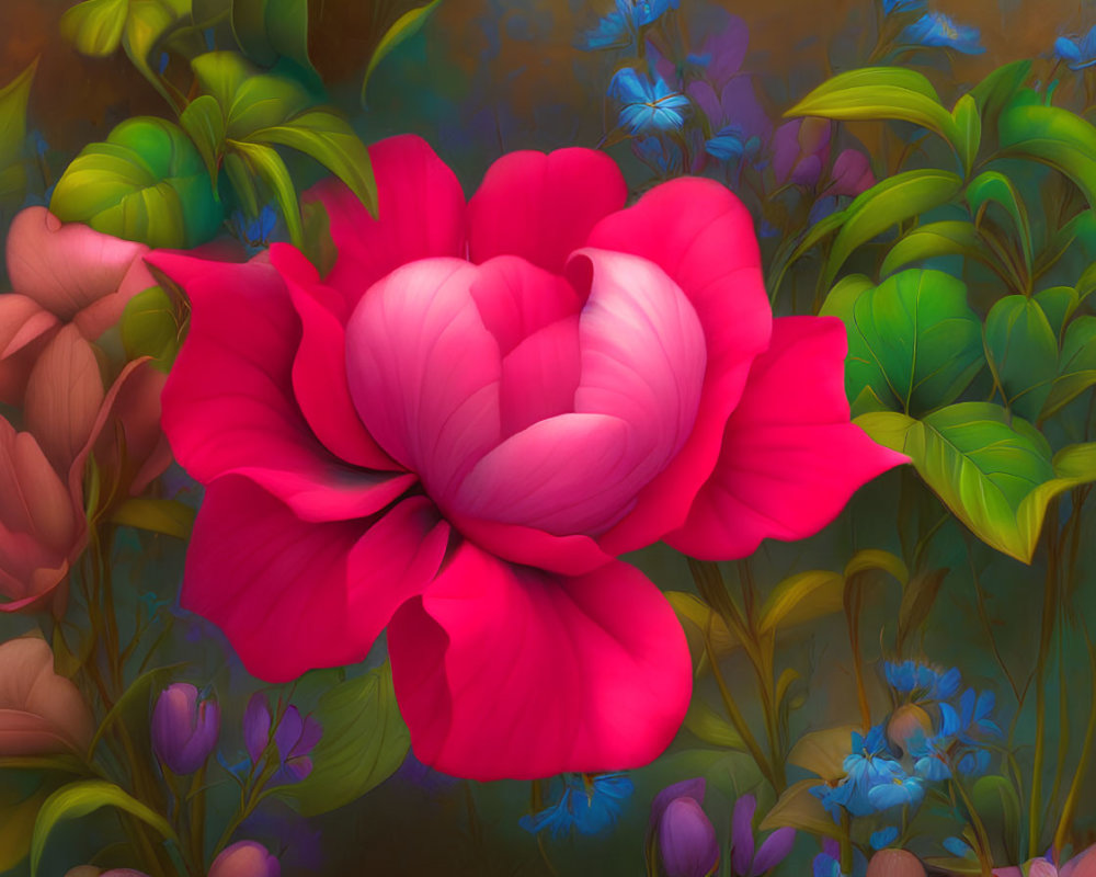 Colorful digital artwork featuring a large pink flower and lush green foliage