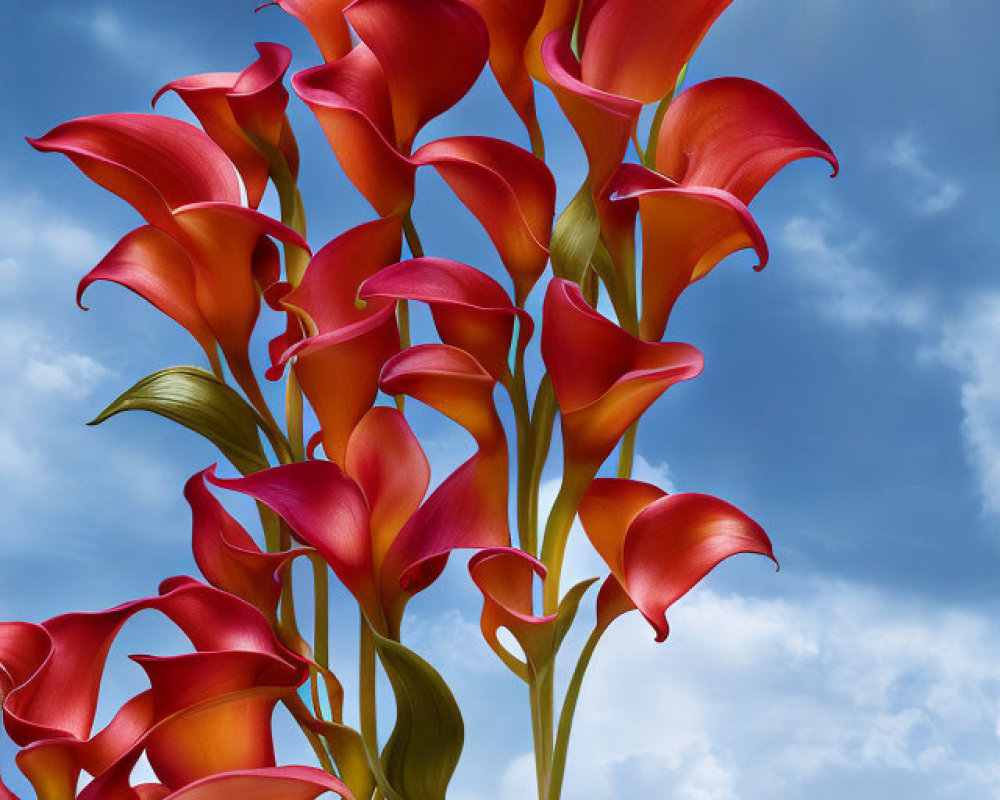 Bright red calla lilies under sunny blue sky