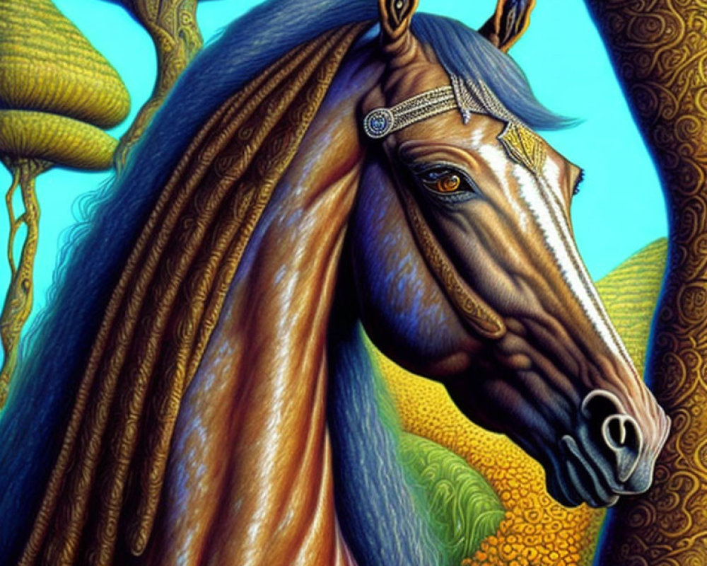 Colorful Horse Painting with Detailed Mane and Ornate Bridle on Whimsical Tree Background