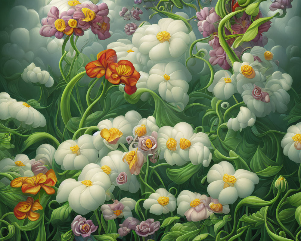 Detailed Illustration: White, Yellow, Orange, and Purple Flowers with Green Leaves