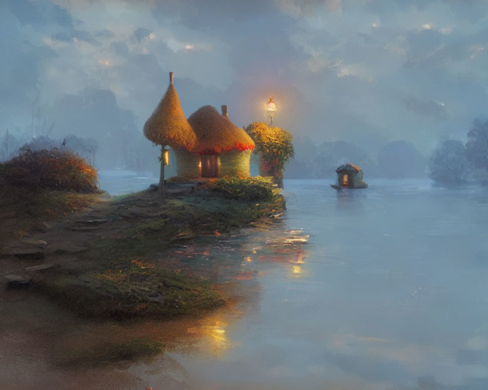 Thatched Cottage with Lanterns by Misty River at Dusk