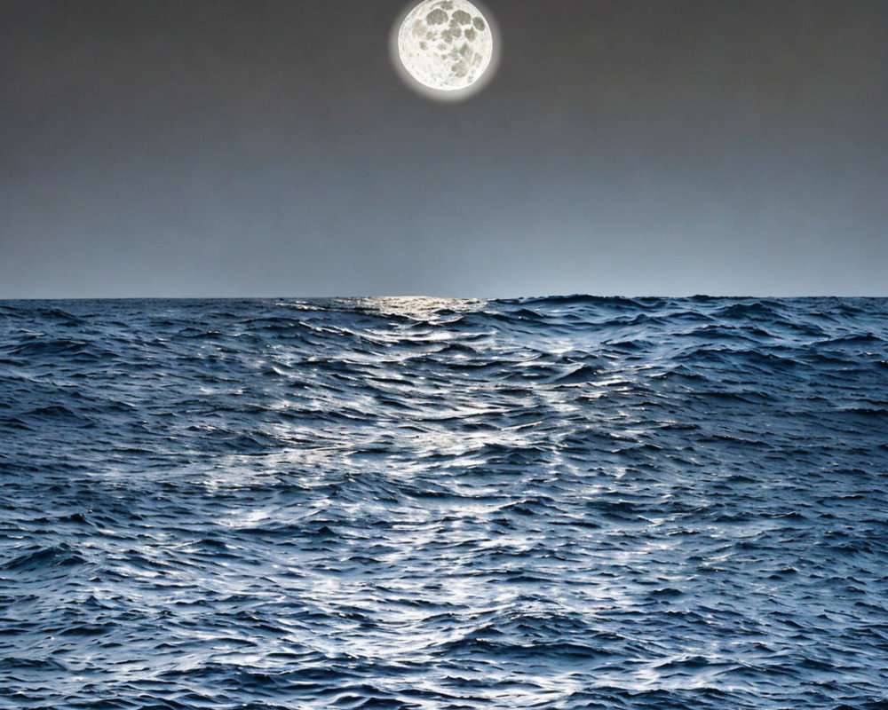 Nighttime Ocean Scene: Full Moon Reflecting on Textured Water