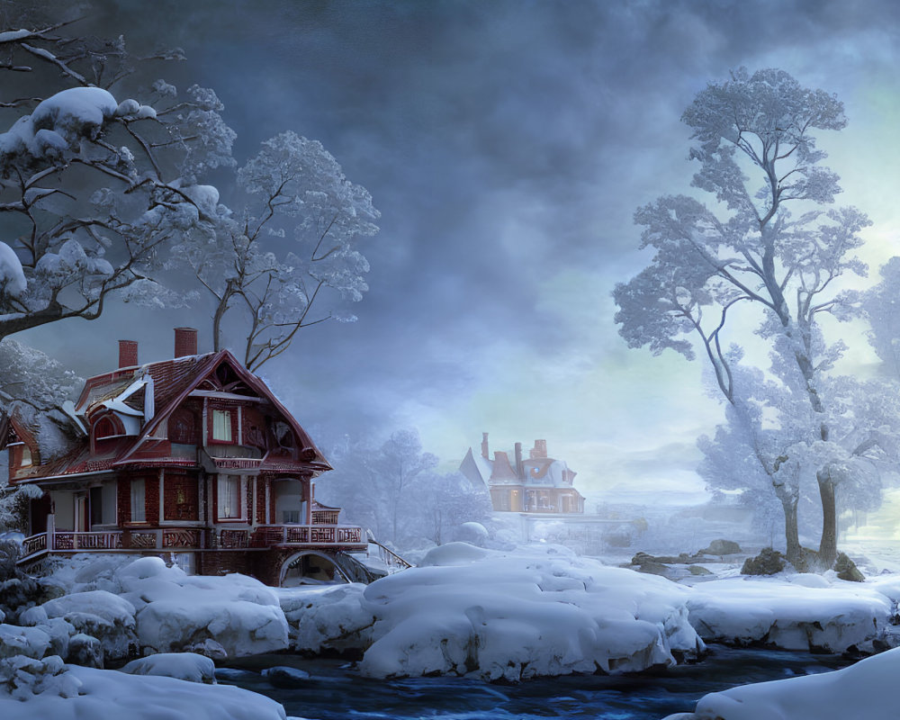 Twilight snow-covered landscape with houses, frozen river, and snow-laden trees