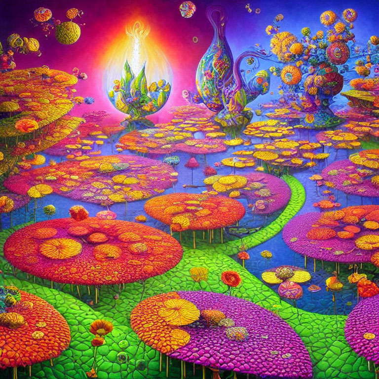 Colorful Fantasy Landscape with Sunlit Lily Pads and Whimsical Flora