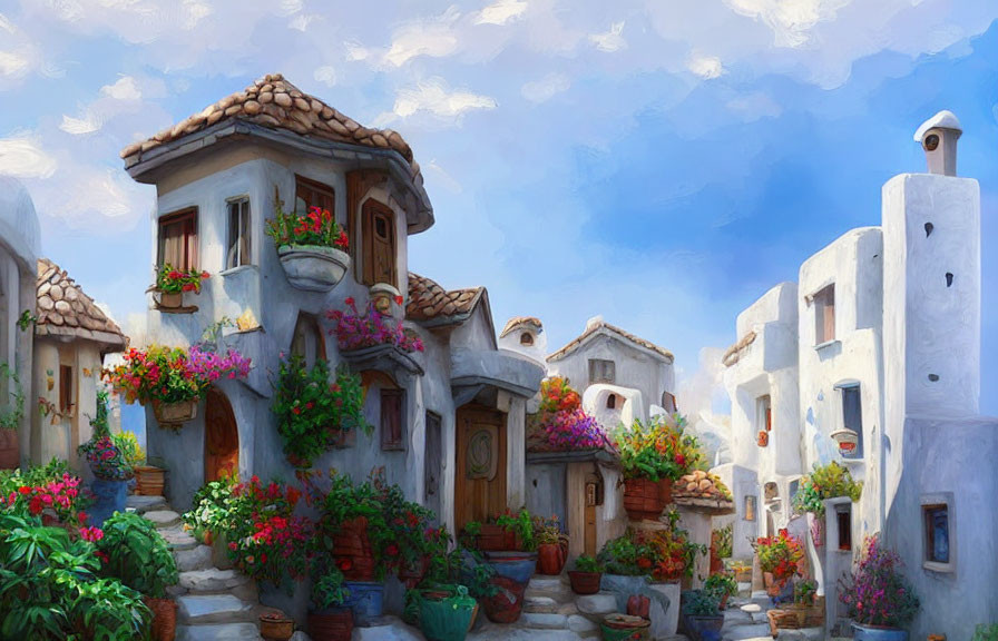 Whitewashed Houses with Terracotta Roofs and Flowers