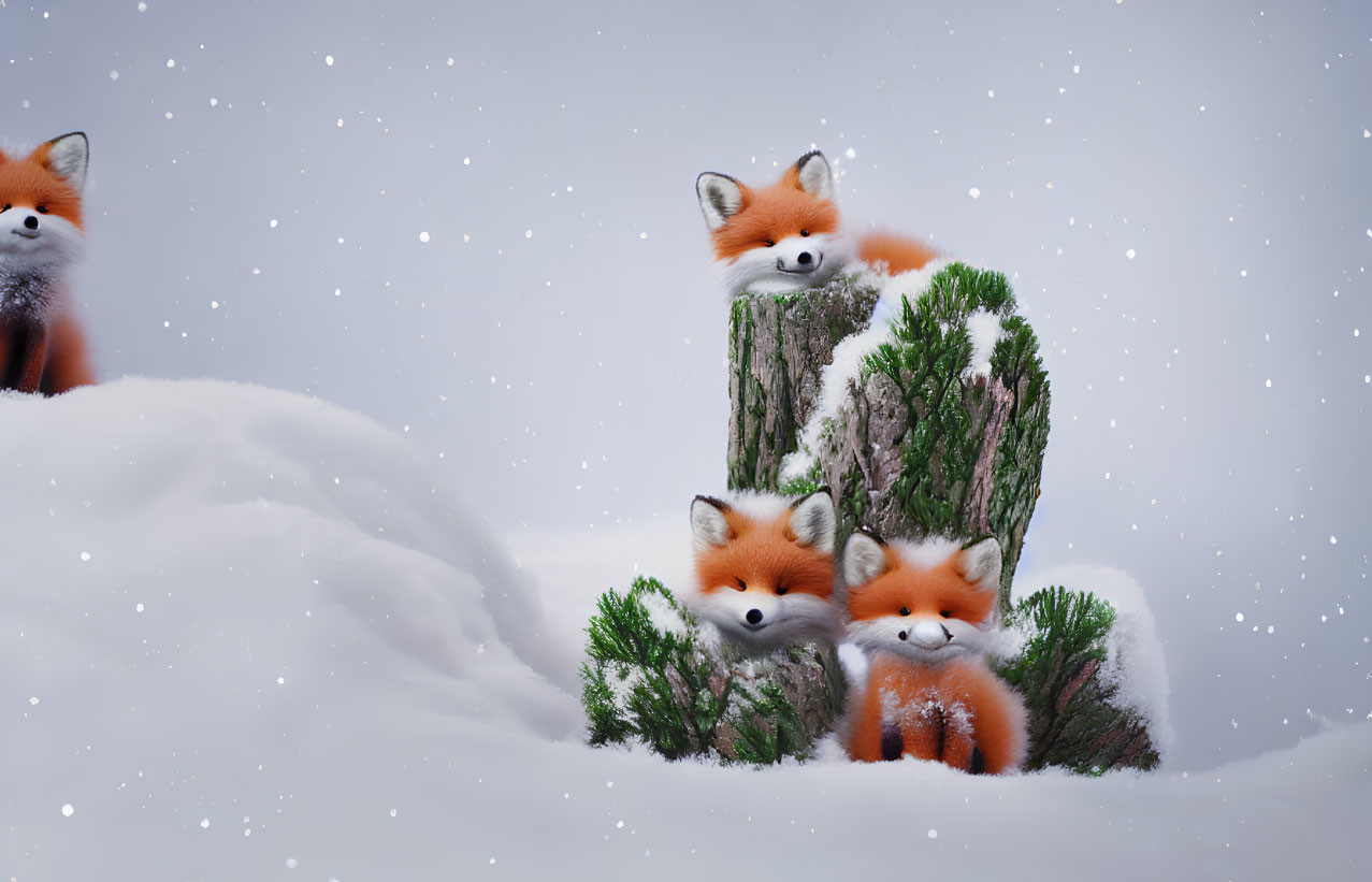 Three red foxes in snowy winter scene with falling snowflakes