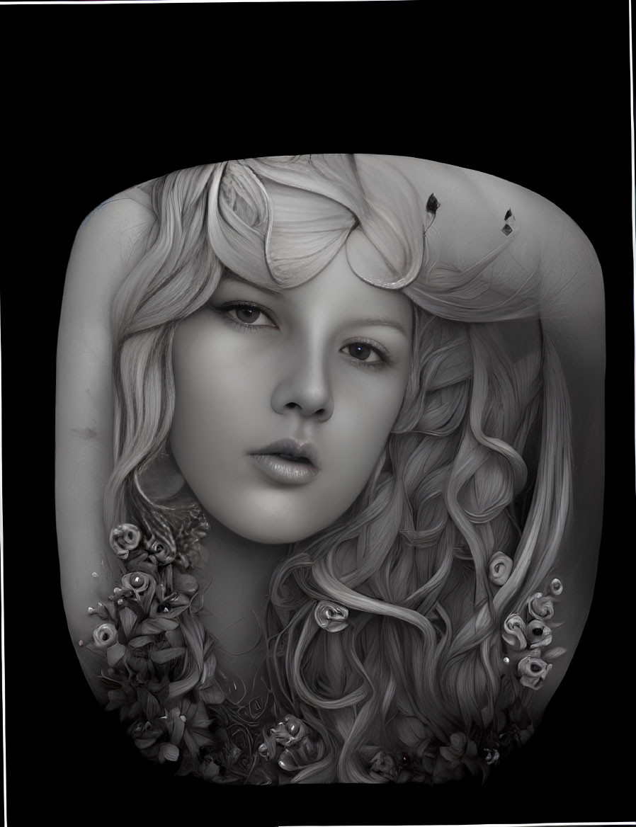 Monochrome digital portrait of young woman with flowing hair and floral adornments