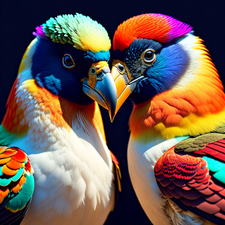Colorful Birds Facing Each Other on Dark Background