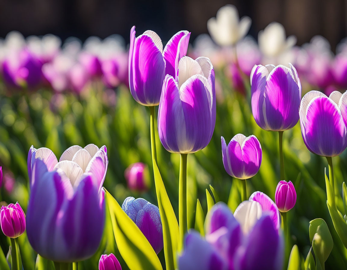 Vibrant Purple and White Tulip Field in Sunlight