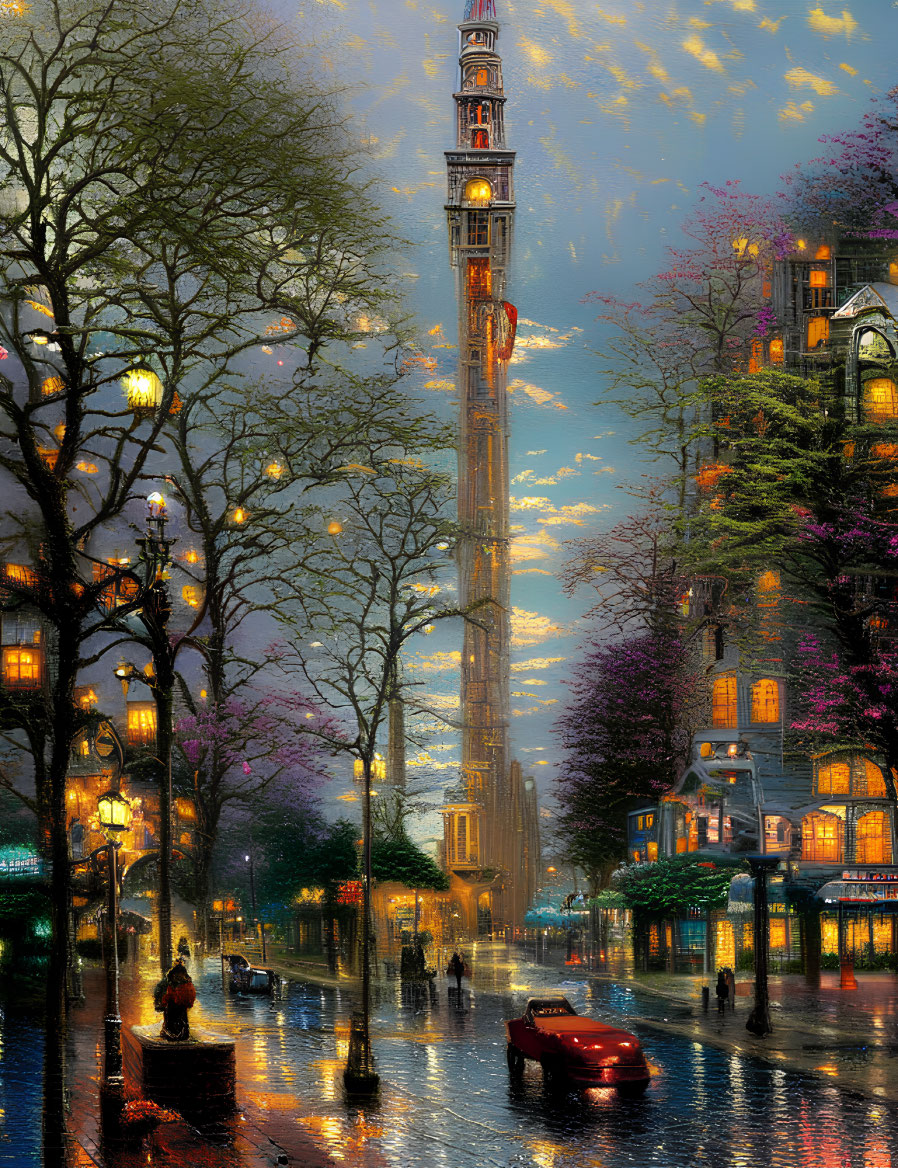 City streetscape at dusk with wet pavements, glowing street lamps, clock tower, and passing red