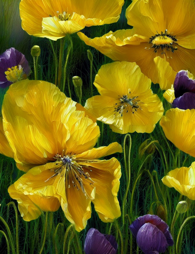 Colorful Yellow and Purple Poppies in Greenery with Dewdrops
