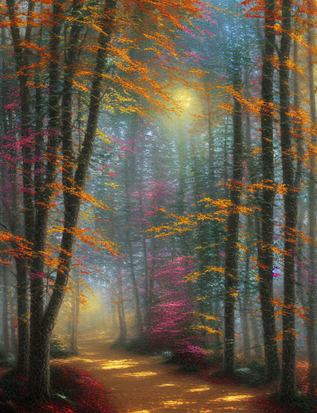 Autumn forest path with vibrant foliage and sunlight filtering through trees