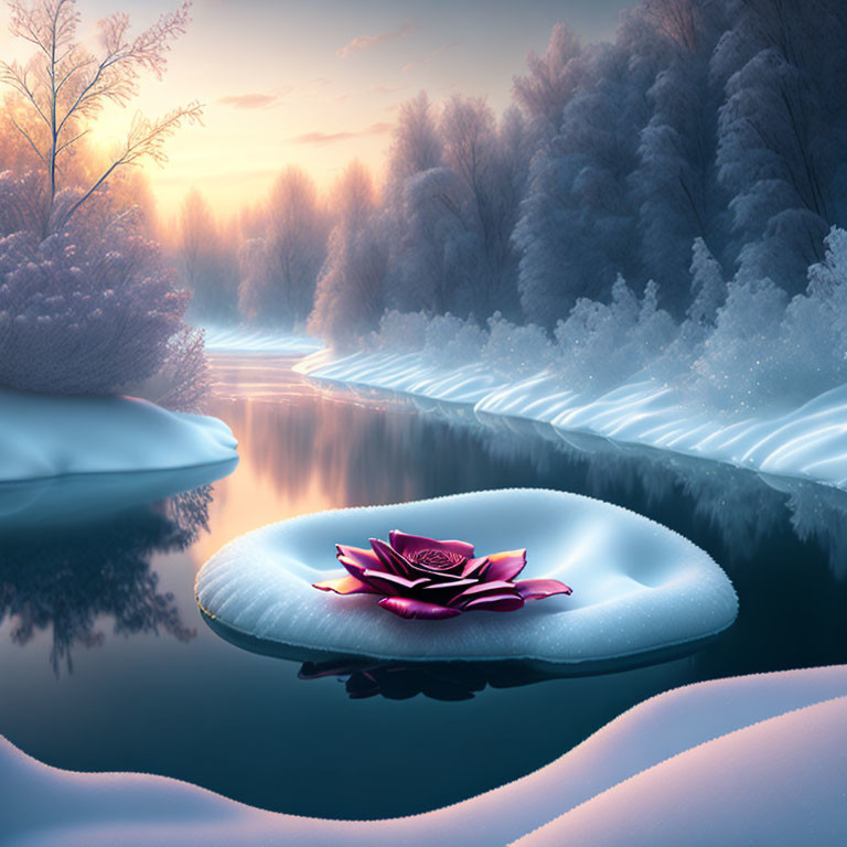 Colorful lotus flower on snowy riverbank with frost-covered trees and pink dawn sky