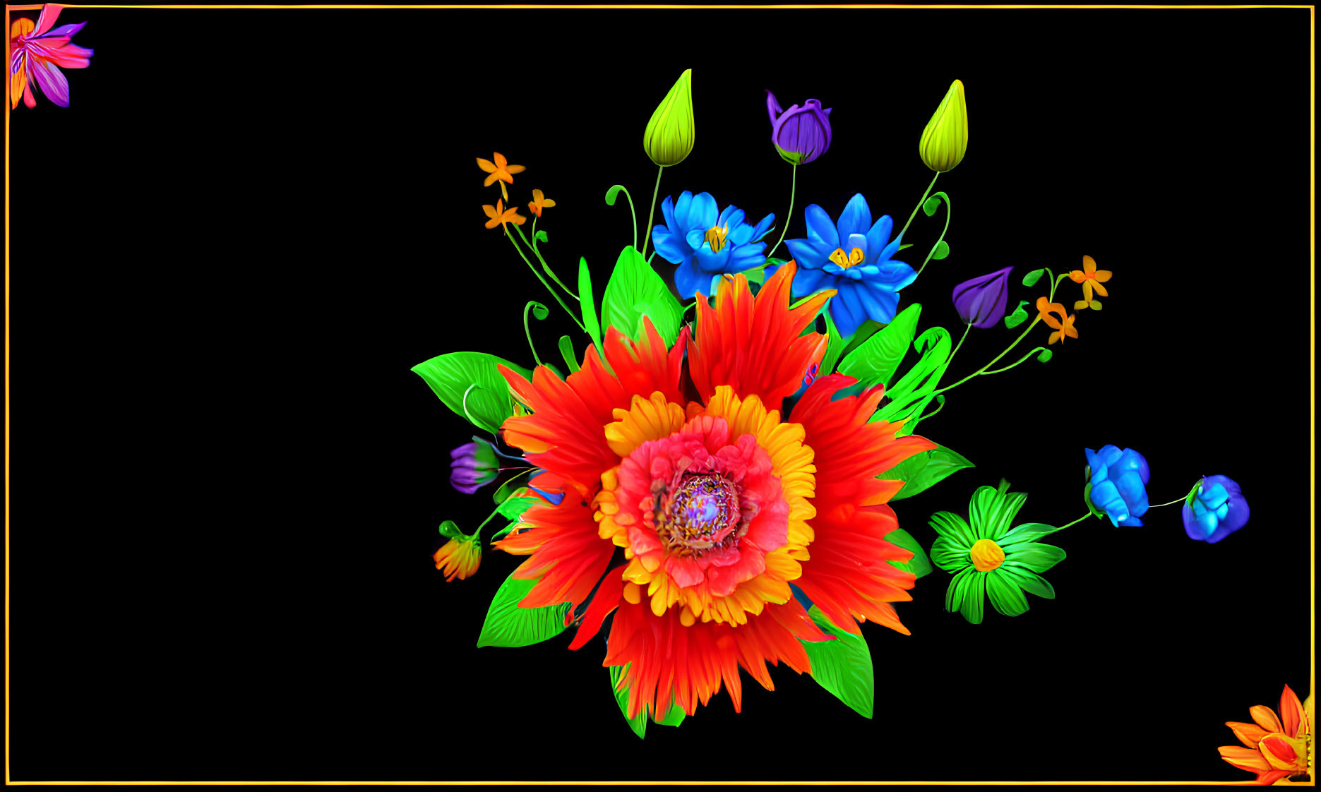 Colorful Digital Bouquet with Red, Blue, Orange, and Purple Flowers