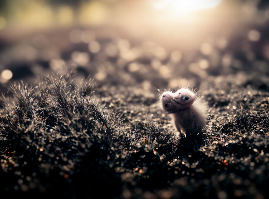 Tiny creature in soft sunlight against fuzzy backdrop