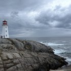 Scenic lighthouse on rugged cliffs under dramatic skies