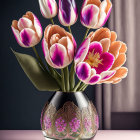 Multicolored Tulip Bouquet in Decorative Vase on Dual-tone Backdrop