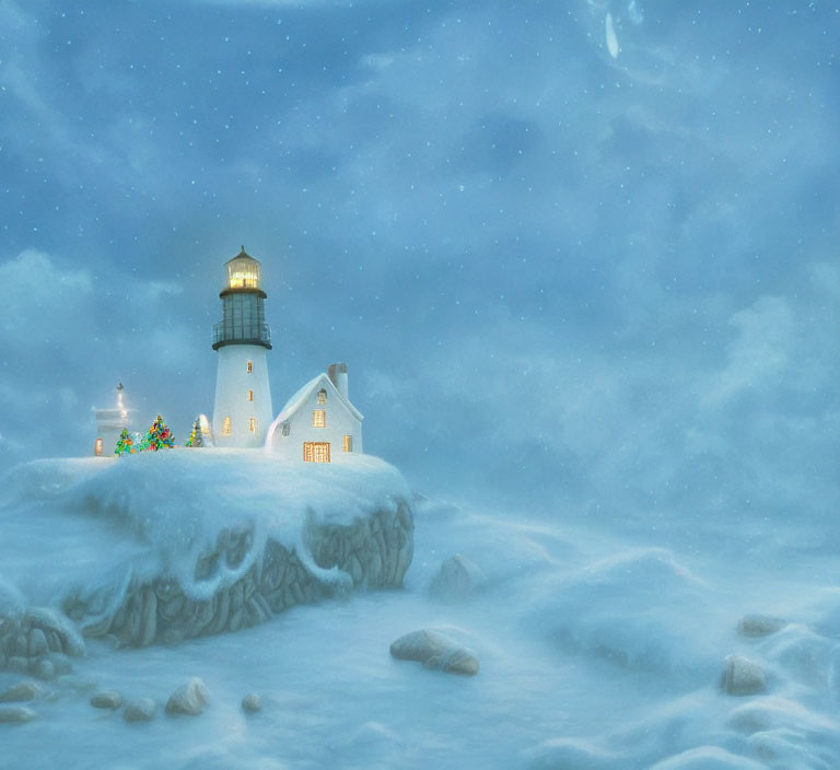 Snow-covered cliff lighthouse with Christmas tree under twilight sky