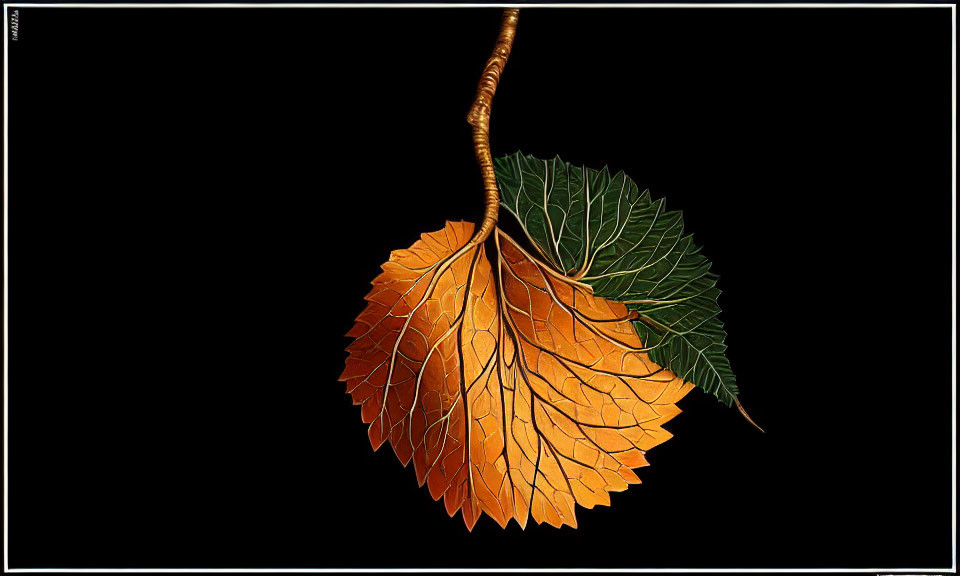 Gradient leaf symbolizing transition from green to orange on black background