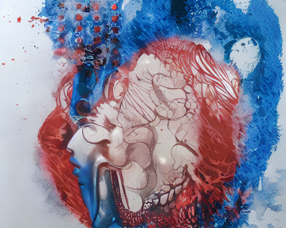 Dynamic Red and Blue Abstract Painting with Bubble and Splatter Patterns