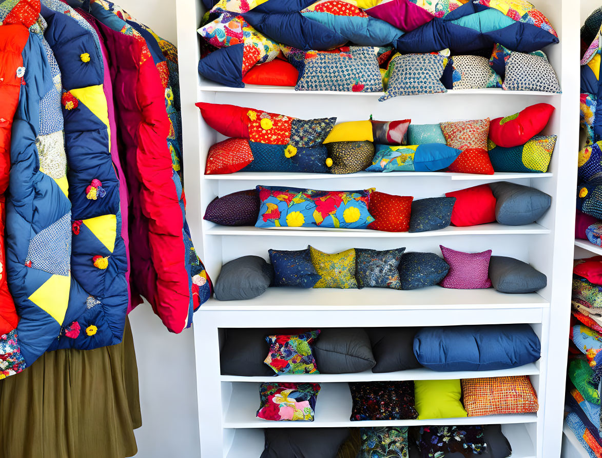Vibrant Quilts, Cushions, and Jackets on White Shelves