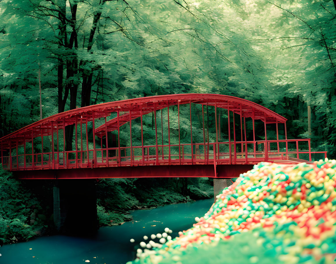Vibrant red bridge in surreal, colorful landscape