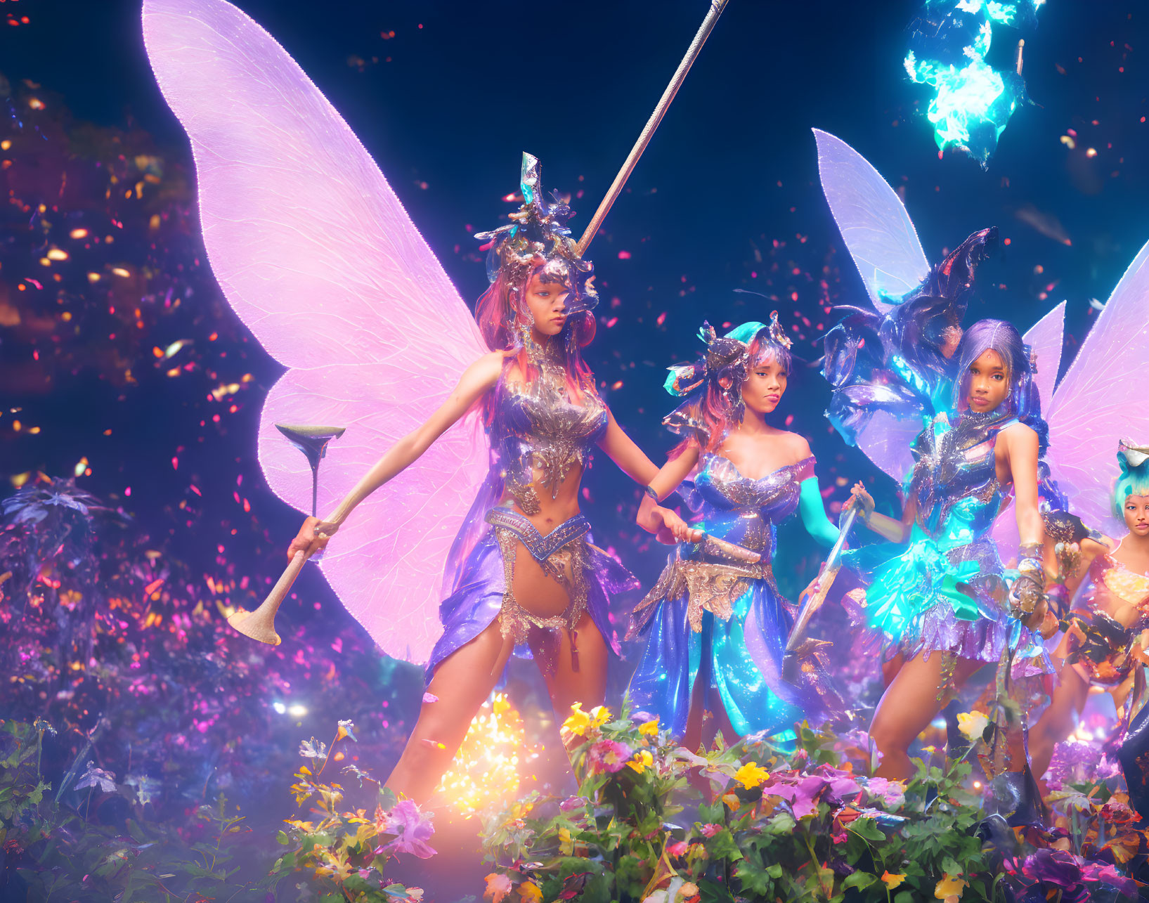 Colorful fairy costumes in magical flower setting with whimsical props