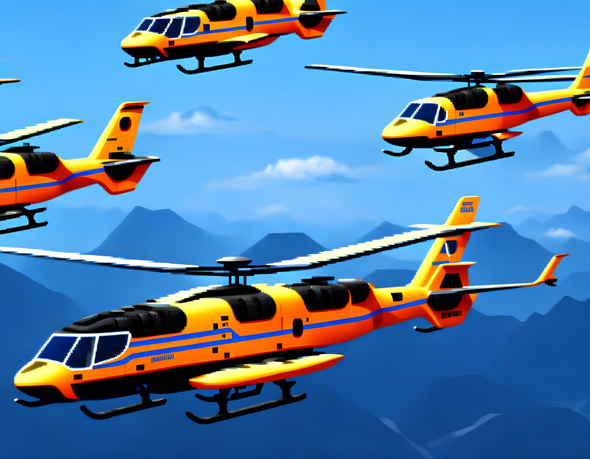 Three yellow and orange helicopters flying over mountainous terrain in clear blue sky