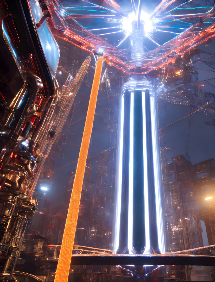 Futuristic energy core with blue light and orange conduits in metallic structure