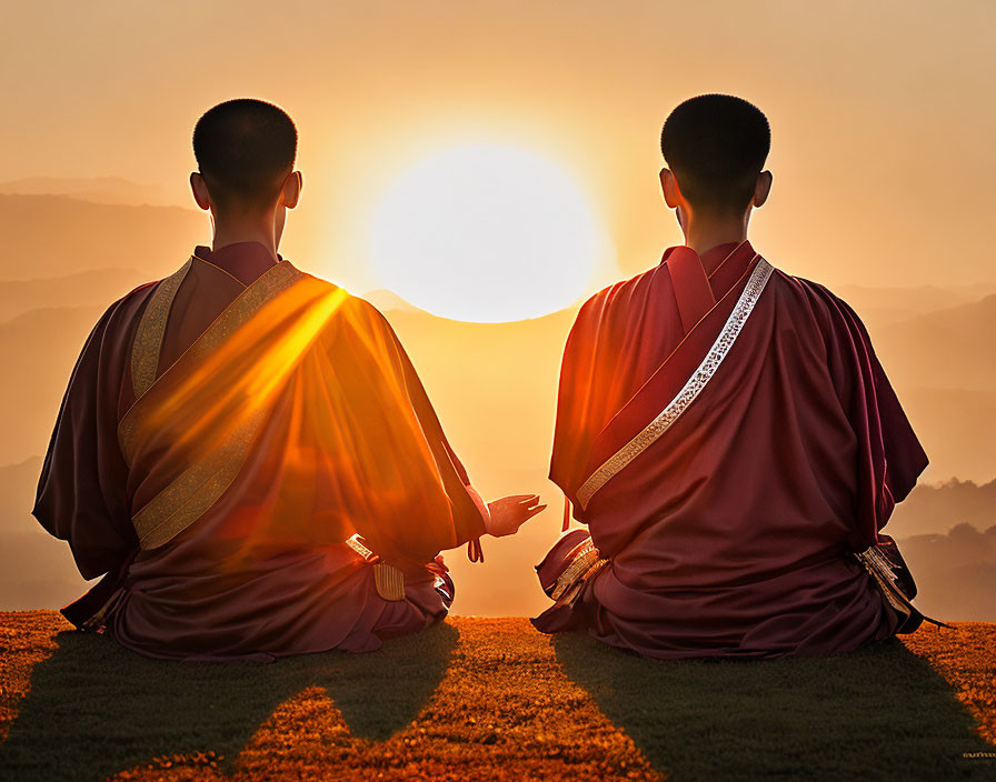 Monks Meditating at Sunrise with Sun Between Them