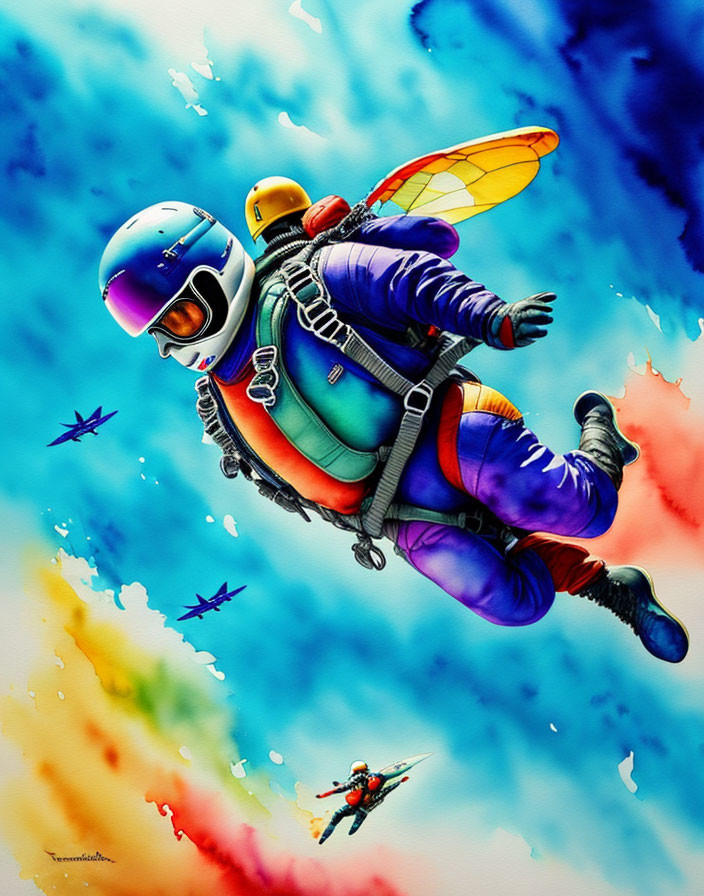 Colorful illustration of person in vibrant winged space suit soaring through abstract multicolored background