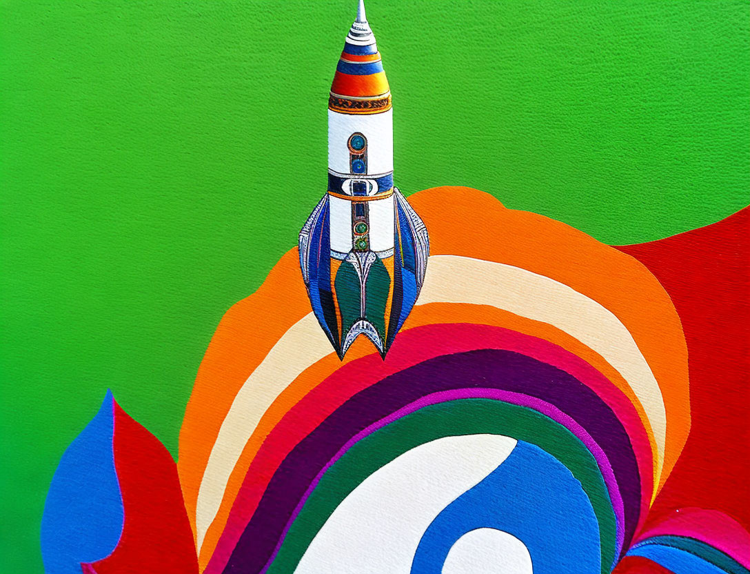 Vibrant rocket mural on rainbow background and green backdrop
