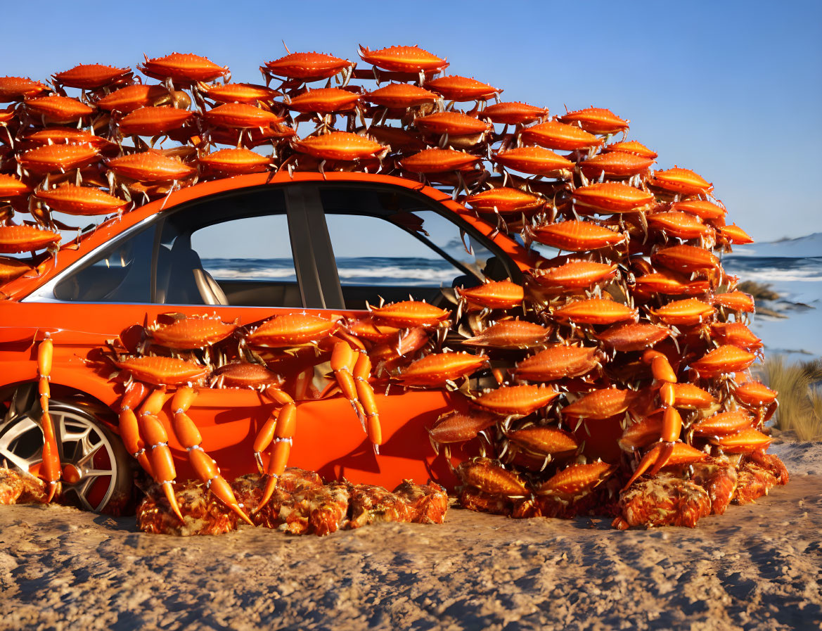 Orange Car Covered in Large Red Crabs on Sandy Beach