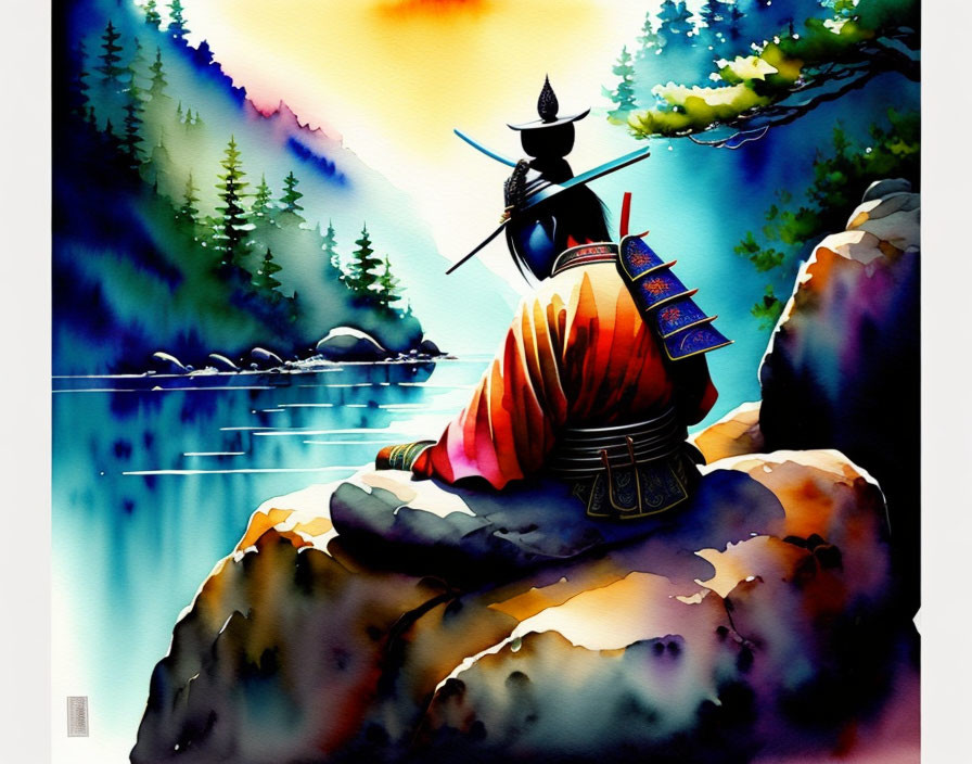 Traditional samurai in armor by tranquil lake with forest & mountains