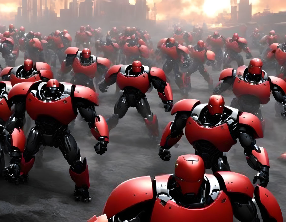 Red and Black Robots in Dystopian Landscape