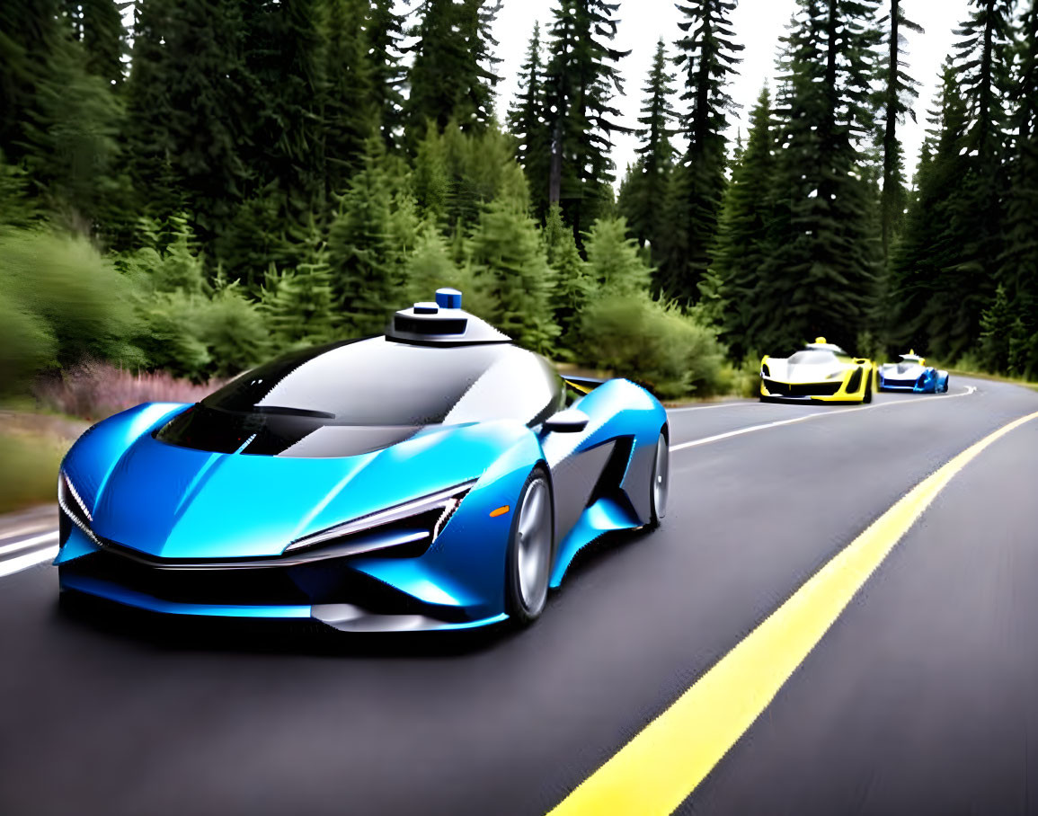 Futuristic supercars race on forest-lined mountain road