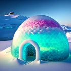 Vibrant geodesic dome shines in snowy twilight landscape