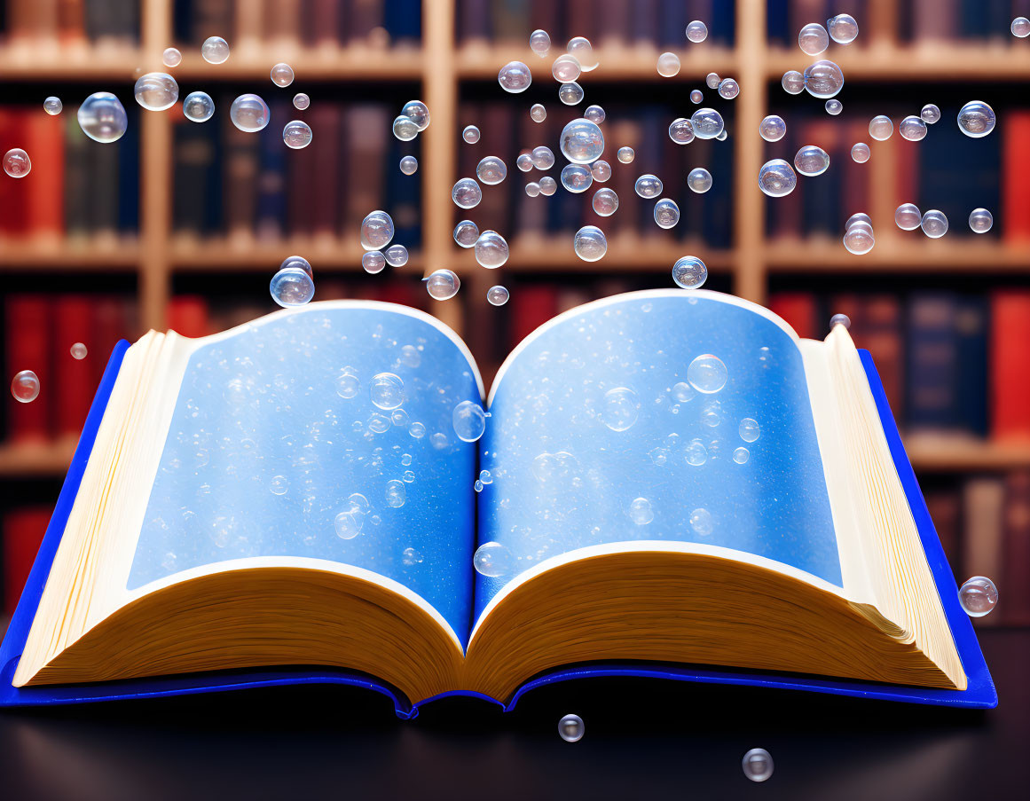 Blue Pages Open Book with Bubbles on Bookshelf Background
