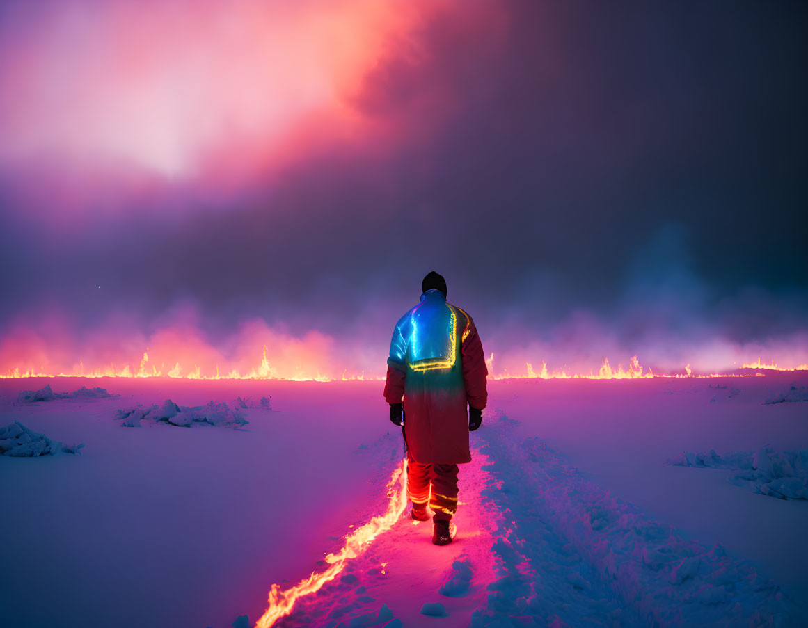 Person in reflective clothing walking towards surreal, fiery horizon on snow-covered path under pink and purple sky