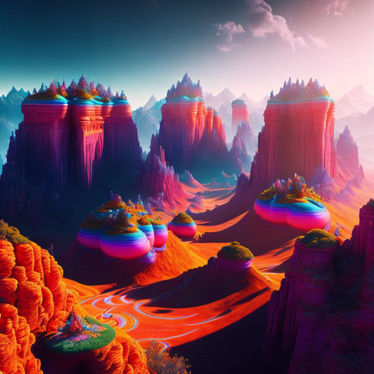Vibrant surreal landscape with towering rock formations and whimsical trees
