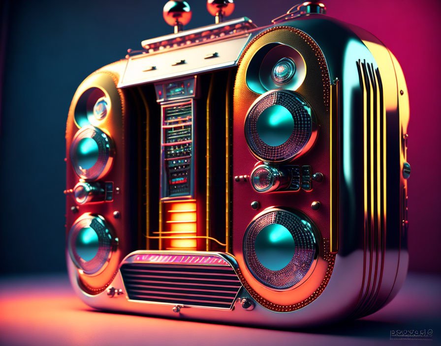 Colorful Retro-Futuristic Boombox with Neon Illumination on Dual-Tone Background