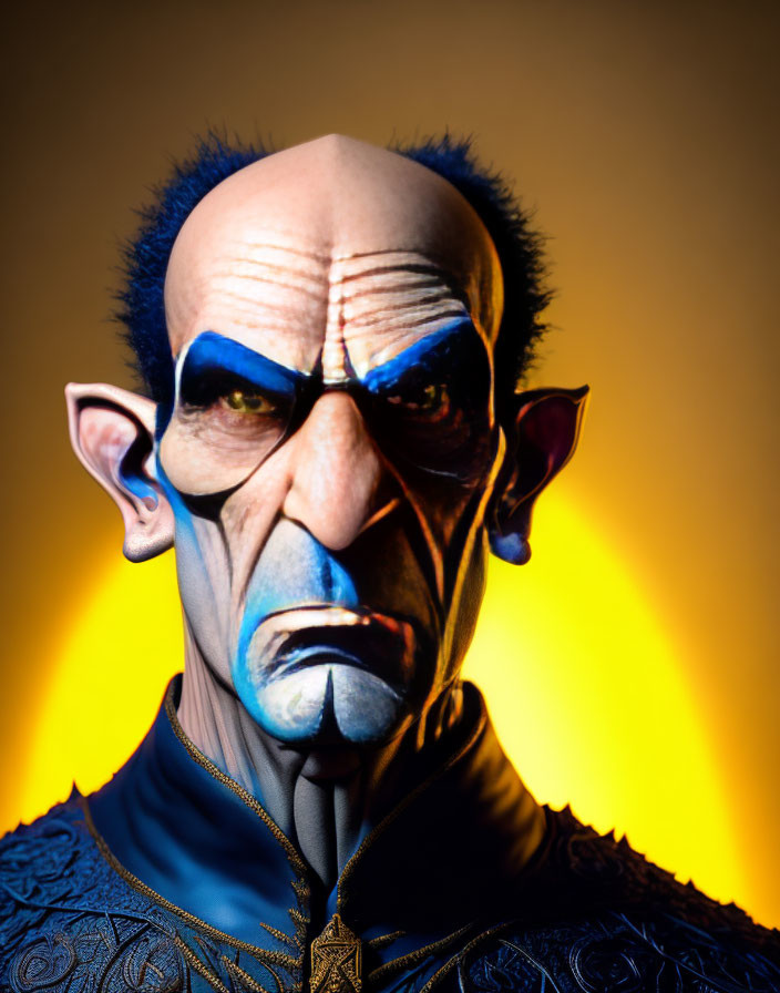 Fantasy character with blue face paint and pointed ears on fiery backdrop
