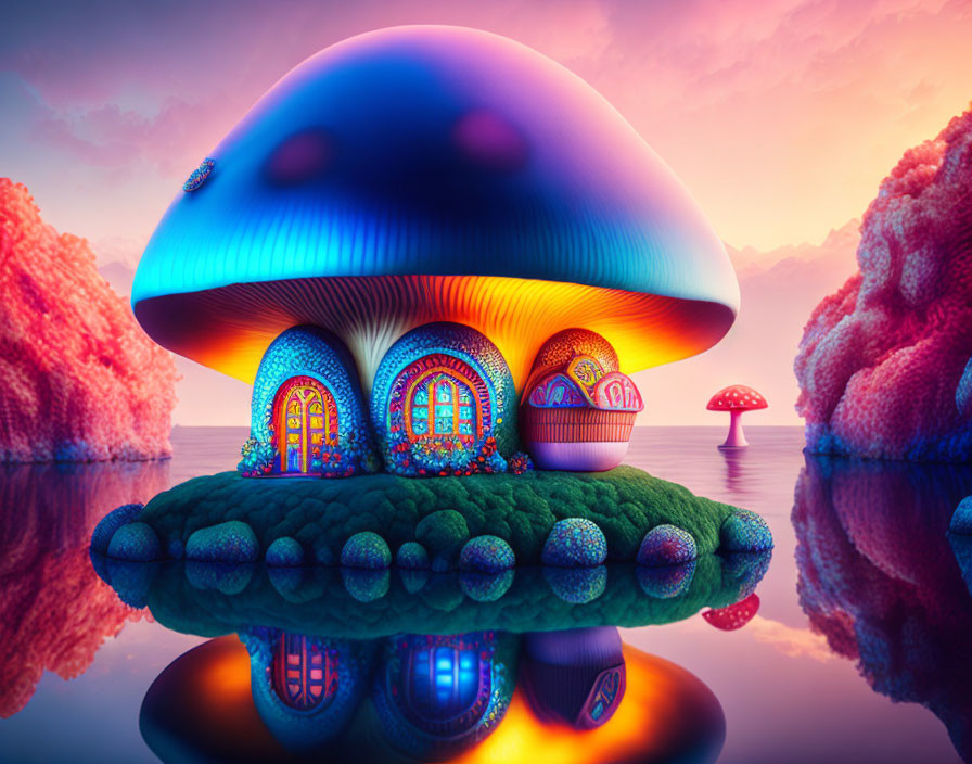 Colorful Mushroom House on Green Island Reflecting in Calm Water